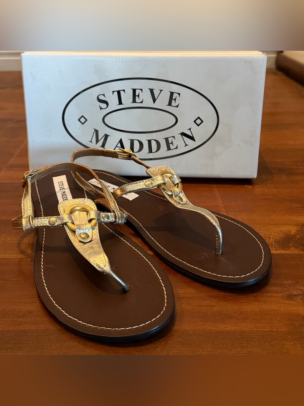 Steve Madden Metallic Gold T-Strap Flat Sandals